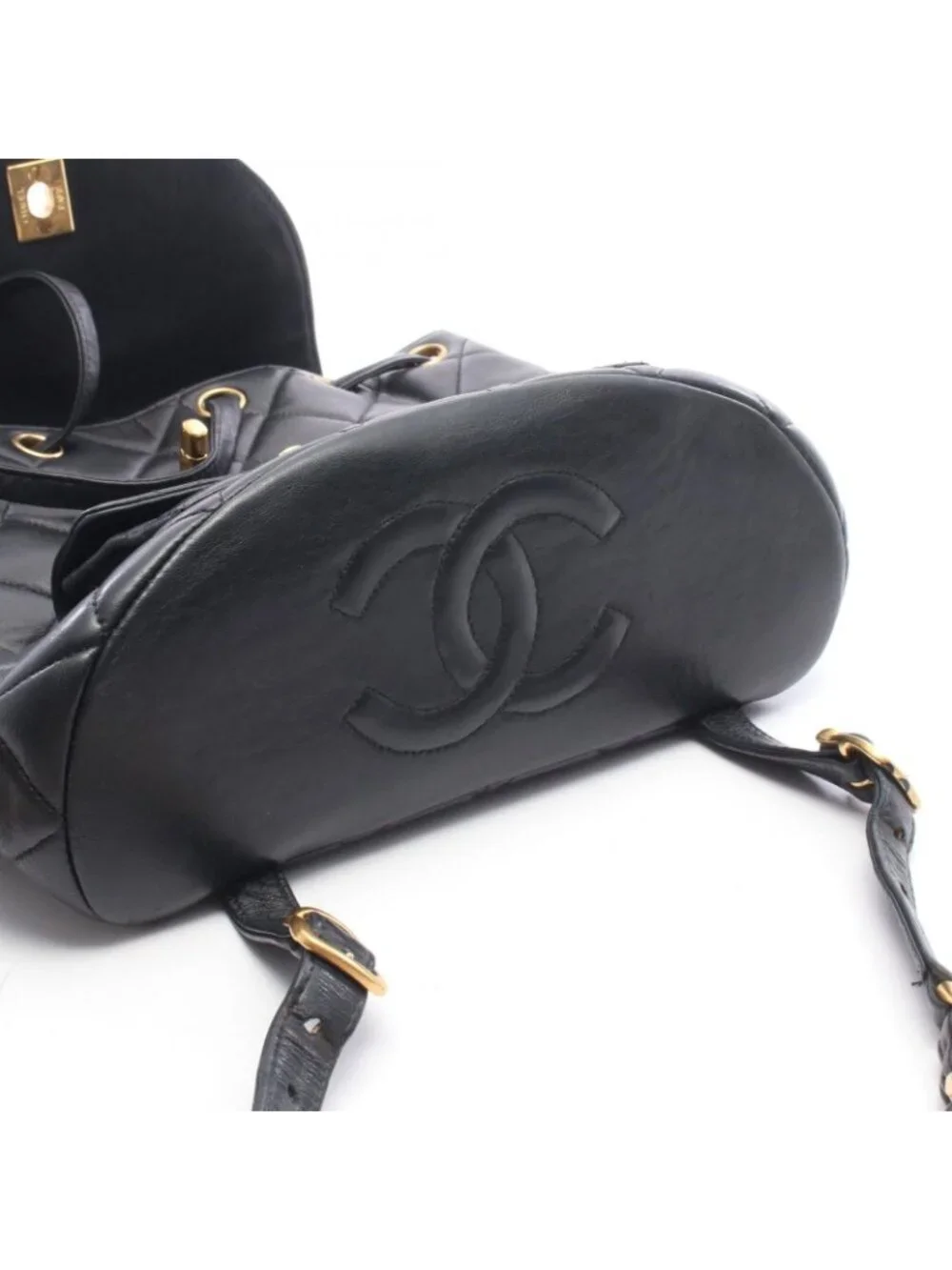 Chanel Backpack Quilted Turnlock Chain Black Lambskin Double